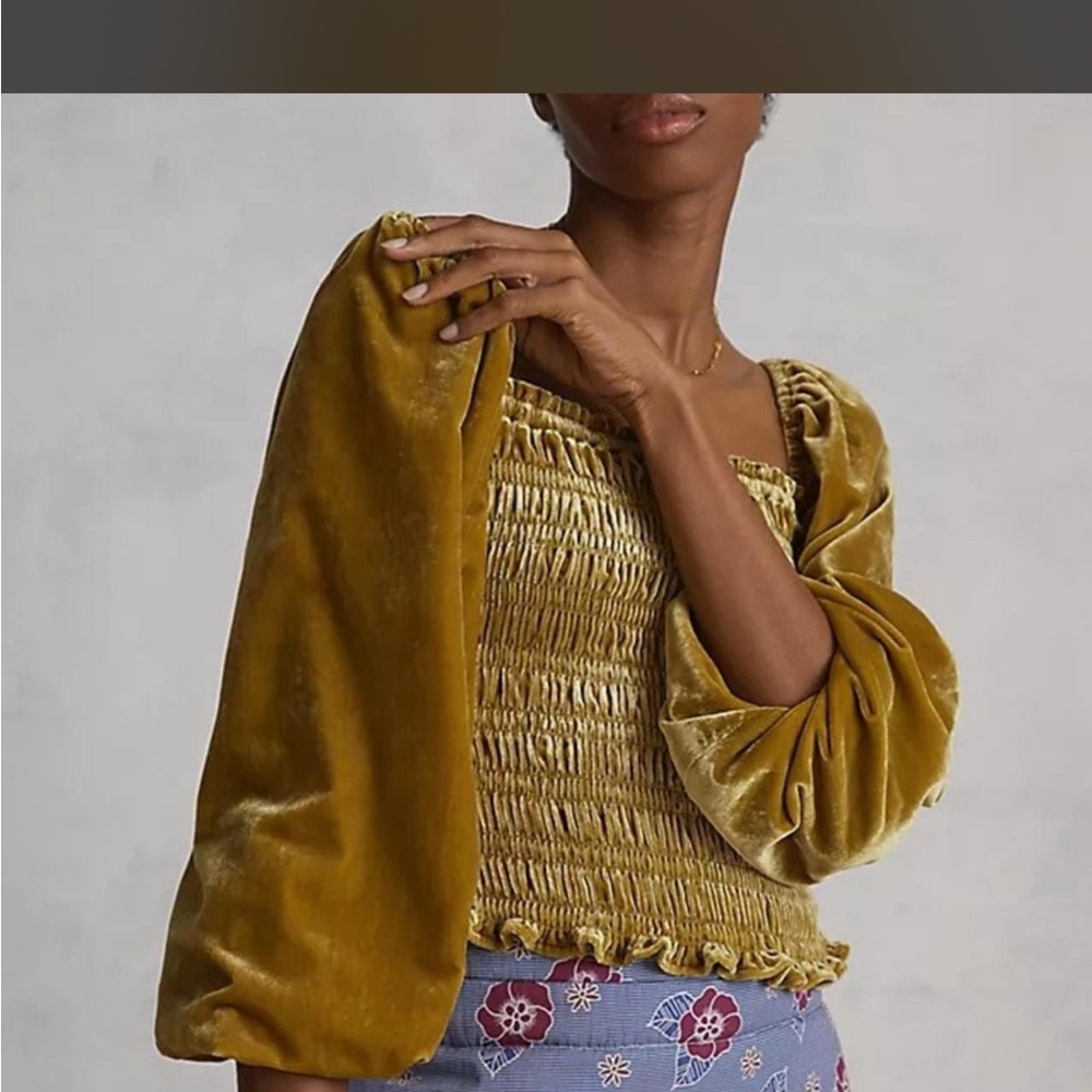 Anthropologie Gold Velvet Smocked Puff Sleeve Blouse Top M: Boho Bridgerton Goth